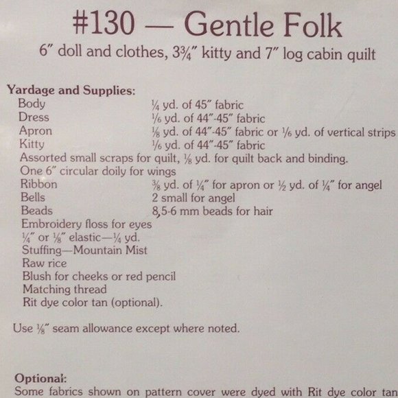 DREAM SPINNERS ~ Gentle Folk #130 Doll/Clothes, Kitty & Log Cabin Quilt Patterns - Picture 5 of 5
